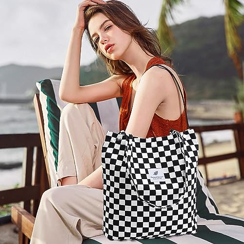 Ayieyill Corduroy Tote Bag for Women Canvas Shoulder Cord Purse with Inner Pocket - color: Checkered