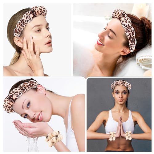 Zkptops Spa Headband for Washing Face Wristband Set Sponge Makeup Skincare Velvet Fabric Bubble Soft Get Ready Hairband for Women Girl Puffy Padded Headwear Non Slip Thick Hair Accessory(Leopard 1) - color: ZFG Gold Velvet Leopard 1