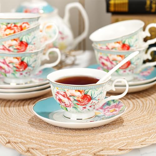 fanquare 21 Piece Vintage Green Floral Porcelain Tea Set for Adults - color: Peacock Blue