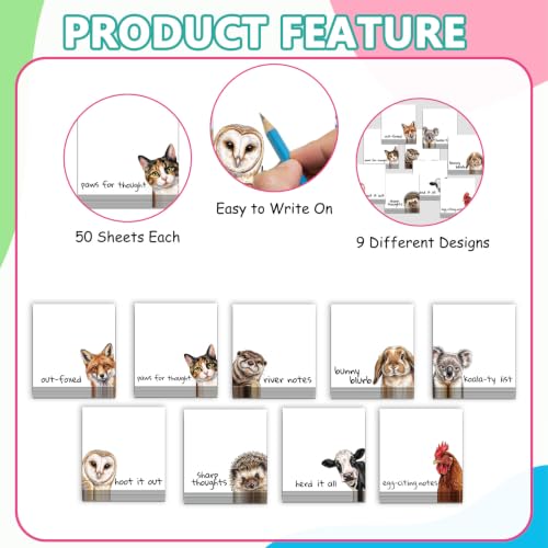 9 Pack Cute Sticky Note Pads with Funny Animal Puns, Realistic Hand-Drawn Style Stick Notepads for Office School Supplies, Self-Adhesive Memo Gifts for Teachers, Students, Work, Animal Lovers - color: Peeking Animals
