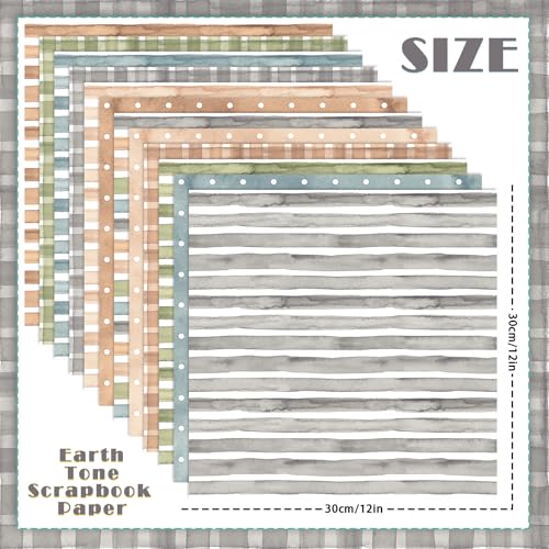 24 Sheets Earth Tone Scrapbook Paper, Double-Sided Neutral Color Strips Patterns Decorative Craft Paper Folded Flat for DIY Background Card Art Craft Making Scrapbook Photo Album Decor, 12'' x 12''