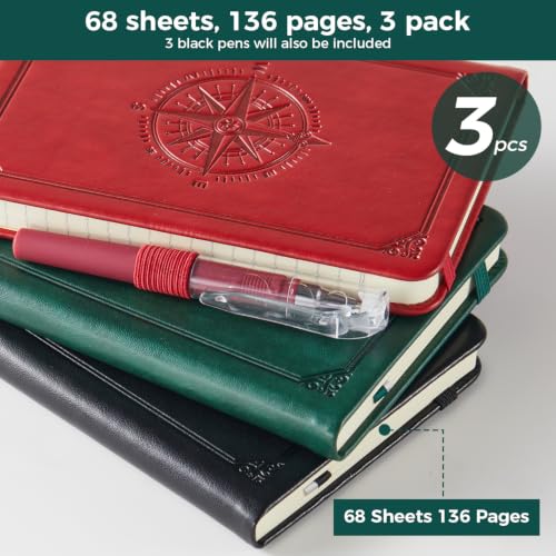 Small Notebook Pocket Journal with Pen, 3 Pack, A6 Mini Size 3.7" x 5.7", 100GSM Lined Paper, for Men & Women Writing, Leather Cover, Black, Red, Green - color: Blagrered Tree, size: A6