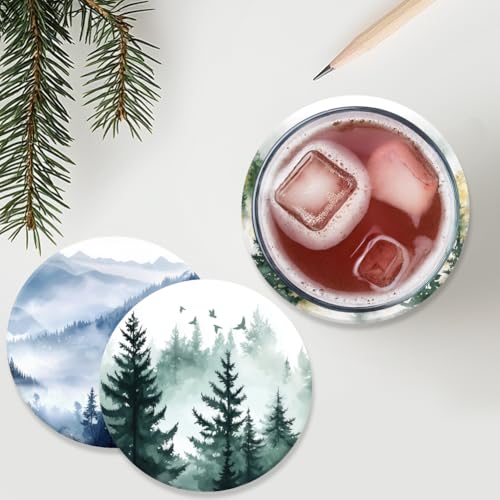 ANATTASOUL Watercolor Forest Mountain Wooden Coasters Set of 9 Bulk(3.9") - style: Watercolor Forest Mountain