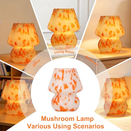 Mushroom Lamp with LED Bulb, Small Glass Bedside Lamp, Orange&White - color: Orange&White