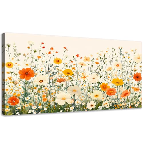 KZKU Wall Art Floral Canvas Print Orange and White Wildflowers Modern Botanical Watercolor style Flower Picture for Bedroom Living Room Artwork Home Wall Decoration 24x48in - color: Orange and white/floral, size: 48"L x 24"W