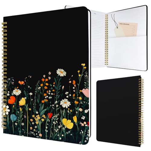 Cute Spiral Notebook Lined Journal B5 Note Book with Pocket, Black - color: Flower Shrub