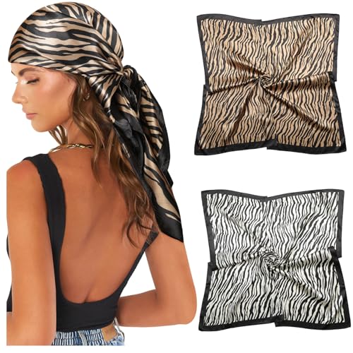 AWAYTR 2-Pack 35" Silk-Like Satin Head Scarves for Women, Square Bandanas - color: Zebra Stripes (White + Brown)