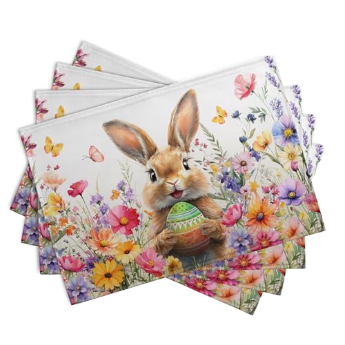Easter Rabbit Placemats Set of 4 Spring Bunny Colorful Egg Wildflower Place Mat 12x18 Inch Seasonal Farmhouse Linen Fabric Table Mats for Kitchen Dining Outdoor Indoor Easter Party - color: Easter Bunny Flower