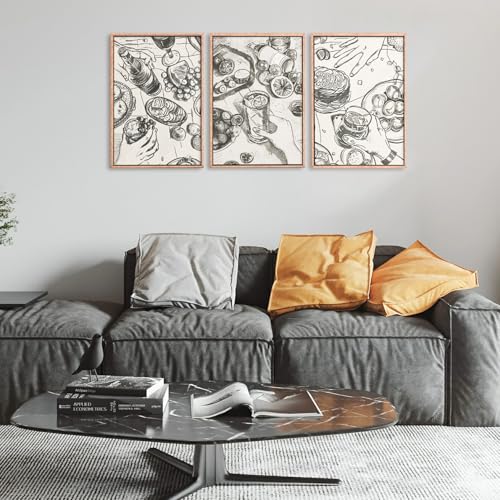 LHIUEM Large Retro Sketch Cheers Framed Canvas Wall Art,Food and Drink Wall Decor,Mid Century Gatherings Dinner Wall Painting,Abstract Black and White Art Prints for Kitchen,Dining Room - 24"x36"x3 - color: Sketch Cheers Wall Art, size: 36"L x 24"W