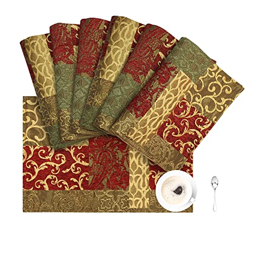 Loom and Mill Luxury Patchwork Damask Placemats Set of 6, Red Gold, 12x18in - color: Red Gold, size: 6 Piece-12x18 inch