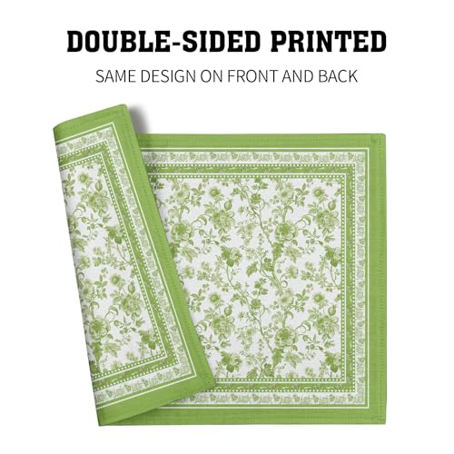Green Floral Placemats Set of 4 Chinoiserie Boho Flowers Linen Fabric Rectangle Table Mat 12x18 Inch Washable Heat Resistant Outdoor Seasonal for Kitchen and Dining Table Decor - color: Green Leaf