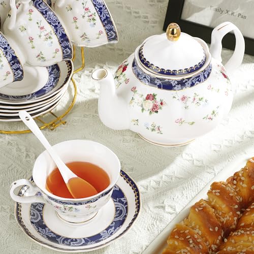 fanquare 21-Piece Blue Lace and Roses Bone China Tea Sets for Adults - color: Blue and Roses