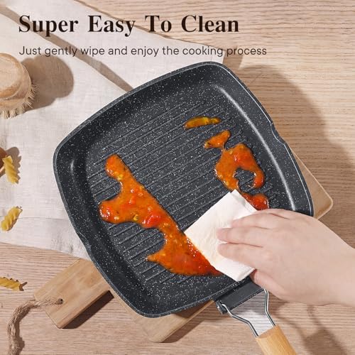 GiPP Nonstick Grill Pan with Folding Handle,Square Grill Skillet, Grilling Pan with Pour Spouts, Versatile Griddle Steak Pan for All Stove,PFOA Free, 9.5 Inch - size: 9.5"*9.5"