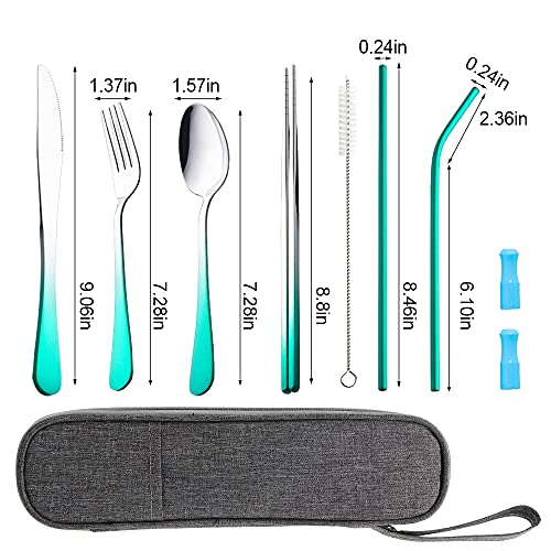Travel Utensils Set with Case Reusable Portable Cutlery Set Stainless Steel 8pcs Including Dinner Knife Fork Spoon Chopsticks straws(Gradient Green) - color: Gradient Green