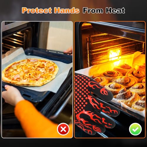 M METERXITY 1-Pair BBQ Gloves, 1472°F Heat Resistant Non-Slip Grilling Oven Gloves for Barbecue/Baking/Cooking, with Storage Bag [Flame Pattern L, Red] - color: Red