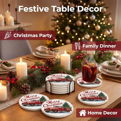 Nikyi 6 Pcs Vintage Red Truck and Christmas Tree Ceramic Absorbent Coasters, Round Drink Coaster with Metal Holder and Cork Base, for Coffee Table Kitchen Bedroom Living Office Desk Home Decor or Gift - color: Vintage Red Truck and Christmas Tree