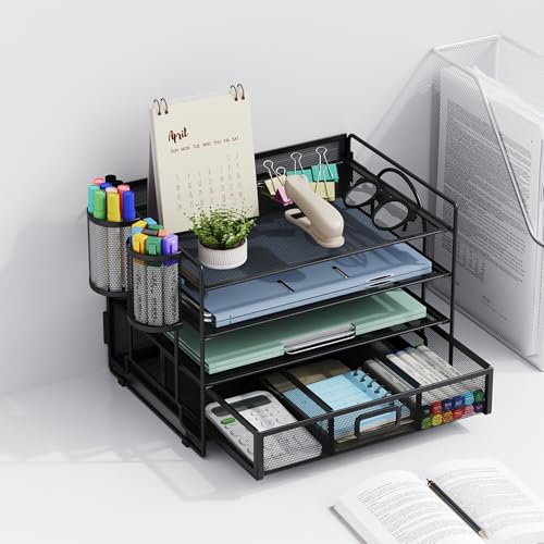 Marbrasse Desk Organizer, 4-Tier Paper File Letter Tray, Black - color: Black With Pen Holder