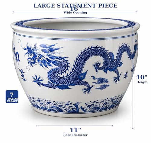 16" Blue and White Two Dragons Playing with a Pearl Fishbowl - color: blue and white