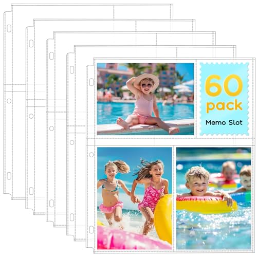 Fabmaker 60 Pack 4x6 Photo Sleeves for 3 Ring Binder, Hold 360 Photos