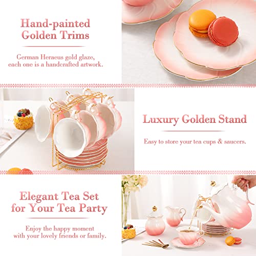 DUJUST 22 pcs Porcelain Tea Set for 6, Luxury British Style Tea/Coffee Cup Set with Golden Trim, Beautiful Tea Set for Women, Tea Party Set, Gift Package (With a Stand) - Gradient Pink - color: Gradient Pink