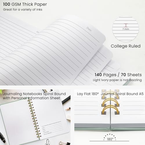 Lined Journaling Notebook for Women, A5 Spiral Notebook with 100gsm Thick Paper, 70 Sheets / 140 Pages, Notebooks for Work, Journals, Notes, Bible Study, and Daily Use