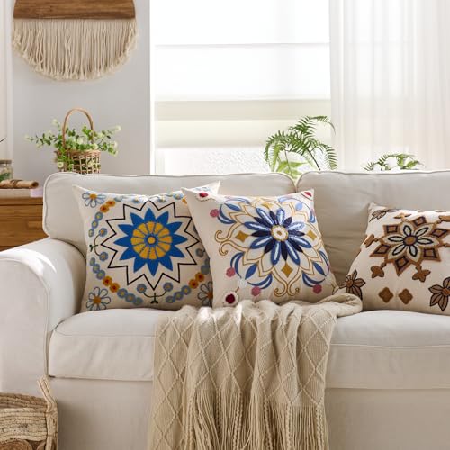 Embroidered Floral Throw Pillow Cover 18x18 Set of 1 Blue Orange - color: Blue Orange, size: 18" x 18" (Pack of 1)