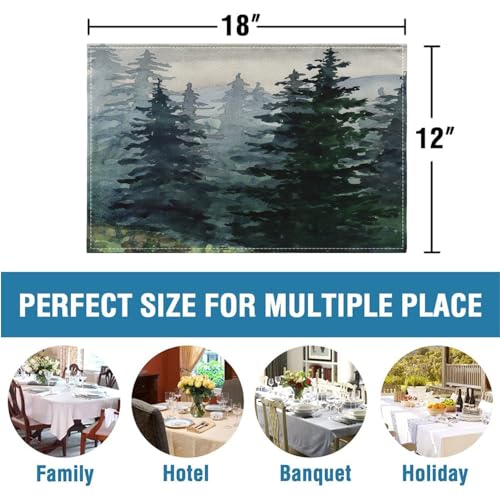 Ansouyi Placemats Set of 6, Green Watercolor Landscape Pine Forest Washable Heat Resistant Linen Table Mats, Kitchen Decor Non-Slip Place Mats for Party Dining, 12x18 Inch - color: Pine Forest