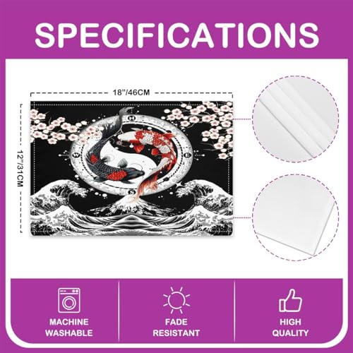 Feelyou Japanese Koi Fish Placemats Set Set of 4 18"x12" - color: Black Pink Red