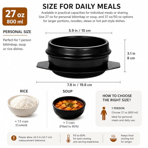 XICHENGSHIDAI Korean Stone Bowl, Dolsot with Tray, 27 Oz, Black - size: 800ml