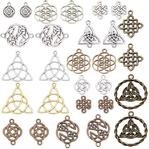 SUNNYCLUE 1 Box 56Pcs Knot Charms Celtic Knot Charm Irish Trinity Linking Connetor Charm Knots Beads Tibetan Style Flat Round Alloy Pendants for Jewelry Making Earrings DIY Supplies Adult