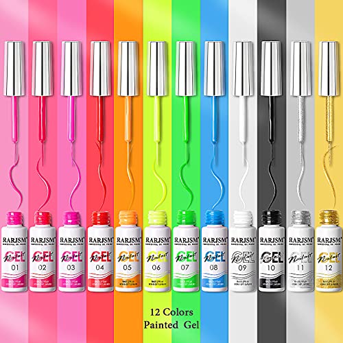 RARJSM Painted Gel Nail Polish Set, Line Art Gel 12 Colors Neon Pink Yellow Green Glitter Silver Gold Nail Art Painting Manicure Tools DIY Drawing NailGel for Line U V L E D Required - color: Pink