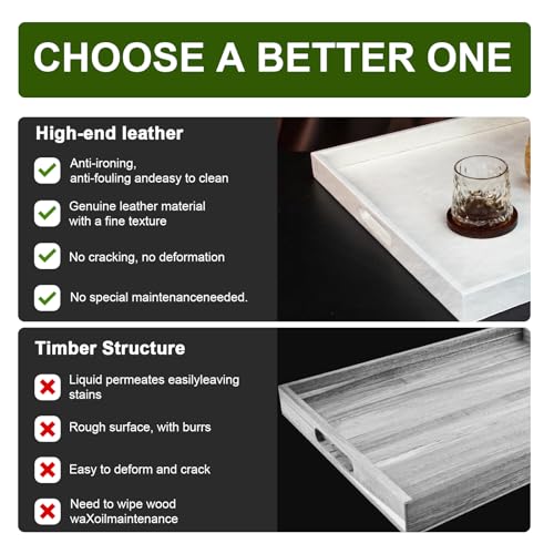 25 x 18 inches Leather Ottoman Serving Tray with Hole Handles, Rectangle Large Modern Service Tray for Living Room, Coffee Table, Bed, Tea, Food, Butler Countertop, Kitchen, Dinner, Picnic (White) - color: White, size: 25" x 18" x 2"