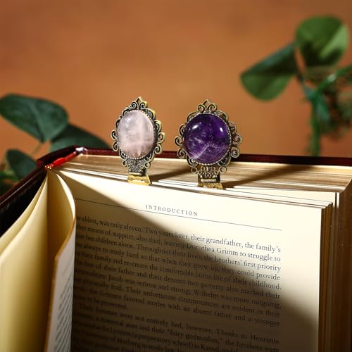 2Pcs Vintage Natural Crystal Stone Bookmark- Fantasy Amethyst Rose Quartz Bookmarks&Amethyst Brass Metal for Reading Women, Men, Book Lovers, Girls and Teachers Book Marks(Rose Quartz&Purple) - color: Rose Quartz&purple Crystal