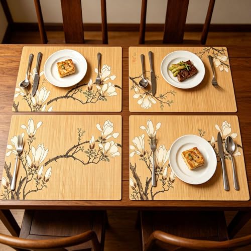 Bamboo Placemats Set of 4, Asian Style Table Mats Ancient Chinese Paintings Zen Floral Place Mats for Indoor Outdoor Kitchen Dining Table (Magnolia, Set of 4) - color: Magnolia