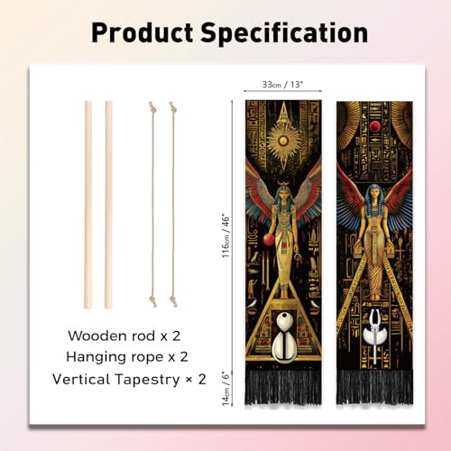 PLIGREAT 2 Pack Egyptian Tapestry with Tassels, Ancient Egypt Goddess Art Wall Hanging Vertical Narrow Egypt Civilization Home Wall Tapestry for Bedroom Living Room, 52" x 13" - color: yellow,brown