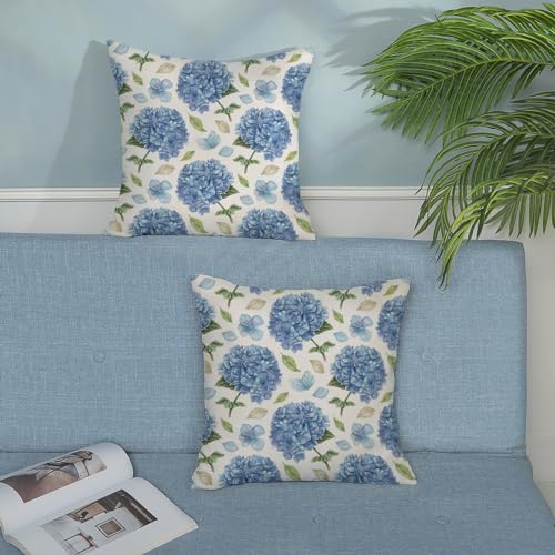 Spring Floral Pillow Covers 18x18 Pack of 2 Blue Hydrangea Flower Throw Pillow Covers Decoration,Summer Holiday Decor Pillowcase Rustic Farmhouse Linen Cushion Case for Home Sofa Couch Outdoor - color: Blue Hydrangea, size: 18" x 18" (Pack of 2)