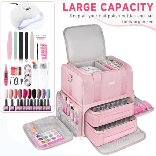 Nail Polish Organizer Holds 80 Bottles and a Nail Lamp,Nail Polish Carrying Case with 2 Removable Bags,Nail Organizers and Storage for Nail Tech,Portable Nail Polish Holder for Nail Supplies,Pink - color: Pink