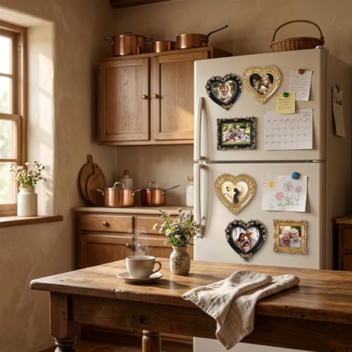 2-Pack Vintage Magnetic Photo Frame, DIY Heart Picture Holder for Fridge - color: Gold Heart Shape (2 packs)
