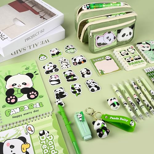 Ulema 78Pcs Cute Stationery Set Cartoon Panda Birthday Gifts for Boys Girls Back to School and Kawaii Classroom Office Supplies with Panda BallPoint Pen, Pencils, Erasers, Sticky Notes etc. - style: Panda