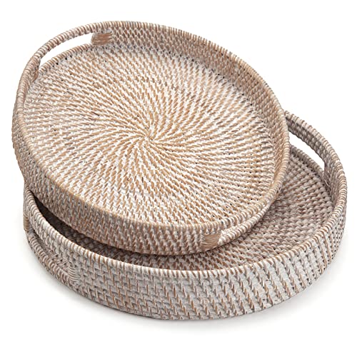 Coffee Table Tray Round Rattan Ottoman Tray Woven Serving Trays with Handles for Home and Kitchen Decorative White (Large 14 inch x 2.4 inch) - color: Whitewash, size: 14"