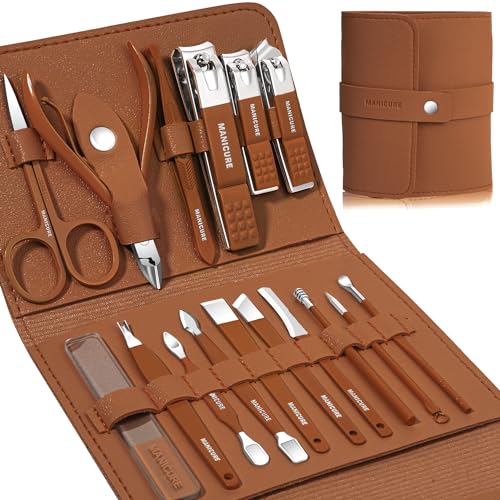 Manicure Set Professional Nail Clippers Pedicure Kit,16 pcs Stainless Steel - color: Brown