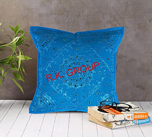 Indian - 16X16 Mirror Embroidered Decorative Sofa Throw Pillow Cushion Cover Boho Bohemia (Size : 16 X 16 Color : Turquoise) - color: Turquoise, size: 16" x 16" (Pack of 1)