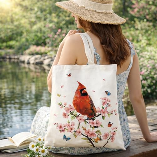 Louise Maelys Cardinal Canvas Tote Bag For Women with Zipper Pocket - style: Cardinal Floral