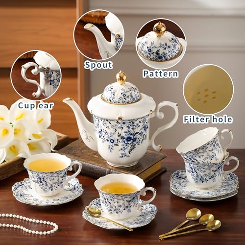TATSUMI Country Roses Porcelain Tea Set, European Ceramic tea set for adults,Vintage Style, For Women and Tea Parties (BLUE, 13 Pieces Set) - color: Blue, size: 13 Pieces Set