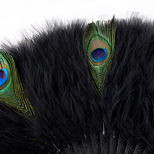 BABEYOND 1920s Marabou Feather Folding Hand Fan - color: Z-black&peacock-black Rib