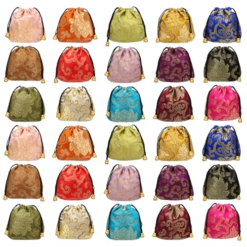 kilofly 30 pc Chinese Silk Brocade Drawstring Jewelry Bag Gift Pouch Value Set - color: set30