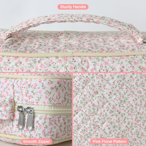 Large Bible Cover Case for Women, Large Floral Quilted Cotton Bible Carrying Cases Protective Bag with Handle and Zippered Pocket for Christian, Bible Study Supplies Christian Gifts (Pink Floral)