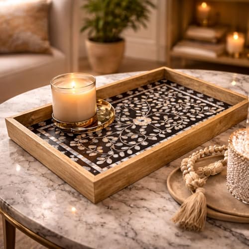 Decorative Wooden Serving Tray with Mother of Pearl Inlay Handcrafted Rectangle Coffee Table Tray Kitchen & Home Décor