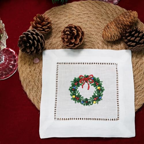 Embroidered Christmas Wreath Cocktail Napkins 6 Pack Cloth Cotton Coaster Decorative for Drink Absorbent Holiday Parties Events Ladder Hemstitch Washable Square (6"x6") - color: Wreath