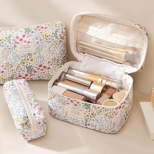 HBselect Quilted Makeup Bag, 3Pcs Cotton Large Travel Makeup Bags Organizer - color: A-3PCS-Floral 41
